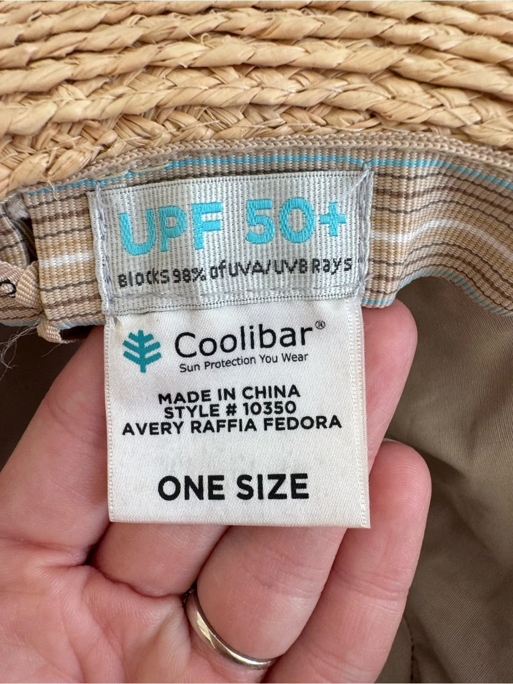 Coolibar Avery Raffia Fedora Hat UPF 50+ Wide Brim Beads Natural OS Coastal